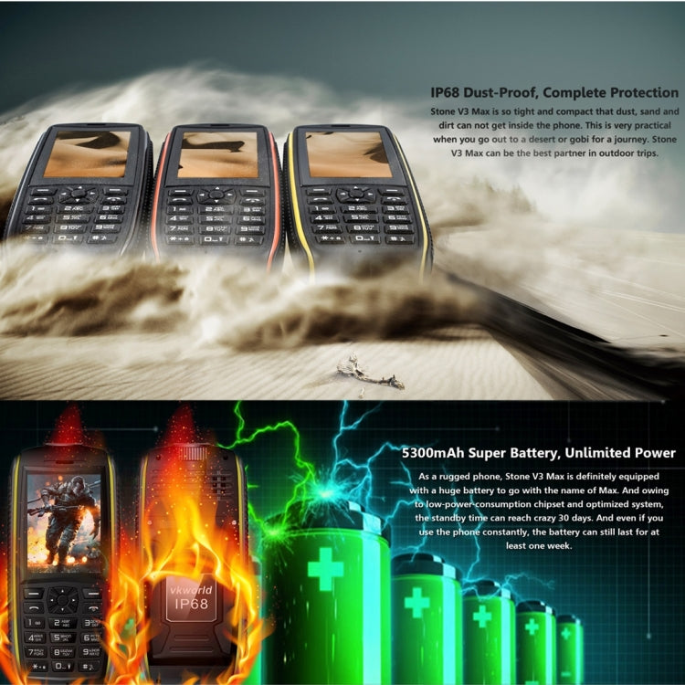 VKworld Stone V3 Max Quadruple Phone, Anti-Low Temperature IP68 Waterproof Shockproof Dustproof, 5300mAh Battery, 2.4 inch, 21 Keys, LED Flashlight, FM, BT, TF, OTG, Dual SIM, Russian Keyboard(Black)