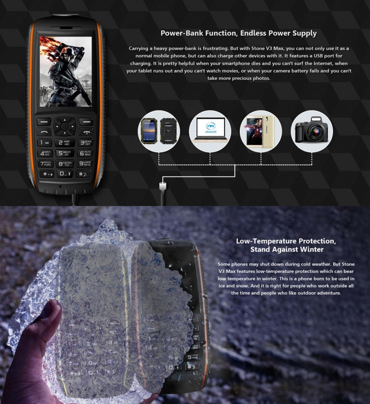 VKworld Stone V3 Max Quadruple Phone, Anti-Low Temperature IP68 Waterproof Shockproof Dustproof, 5300mAh Battery, 2.4 inch, 21 Keys, LED Flashlight, FM, BT, TF, OTG, Dual SIM, Russian Keyboard(Black)