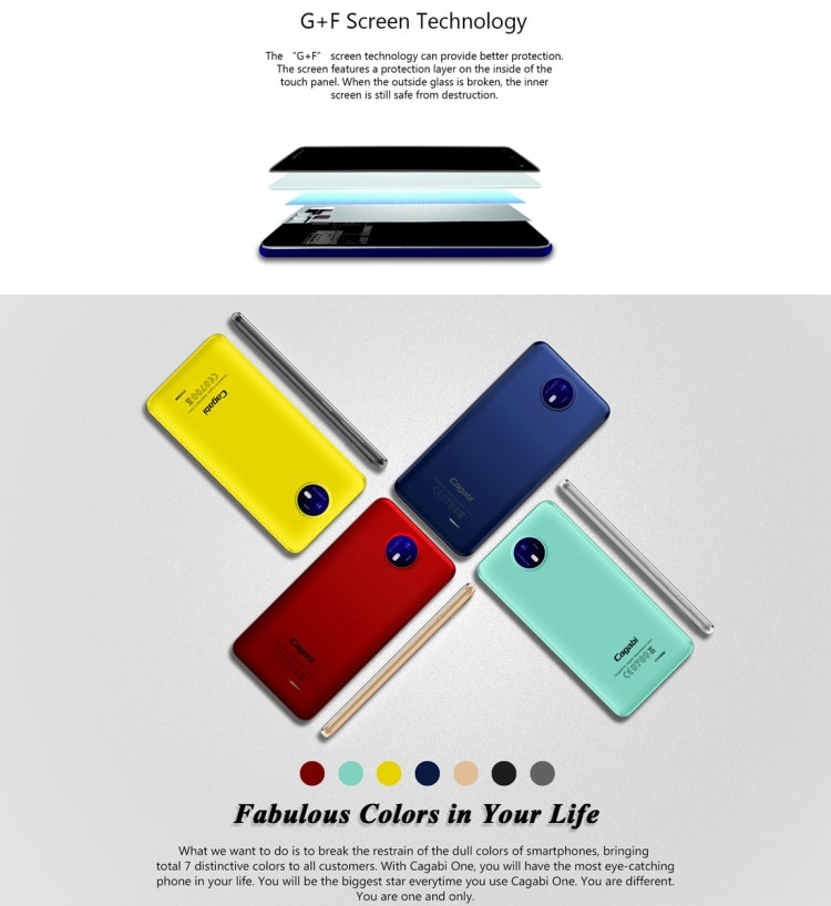 Cagabi ONE, 1GB+8GB, 5.0 inch 2.5D Android 6.0 MTK6580A Quad Core up to 1.3GHz, Network: 3G, OTA, GPS, FM, BT, WiFi
