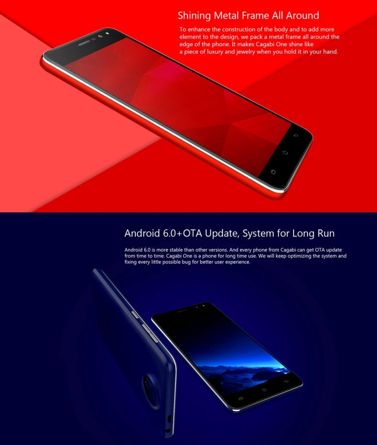 Cagabi ONE, 1GB+8GB, 5.0 inch 2.5D Android 6.0 MTK6580A Quad Core up to 1.3GHz, Network: 3G, OTA, GPS, FM, BT, WiFi