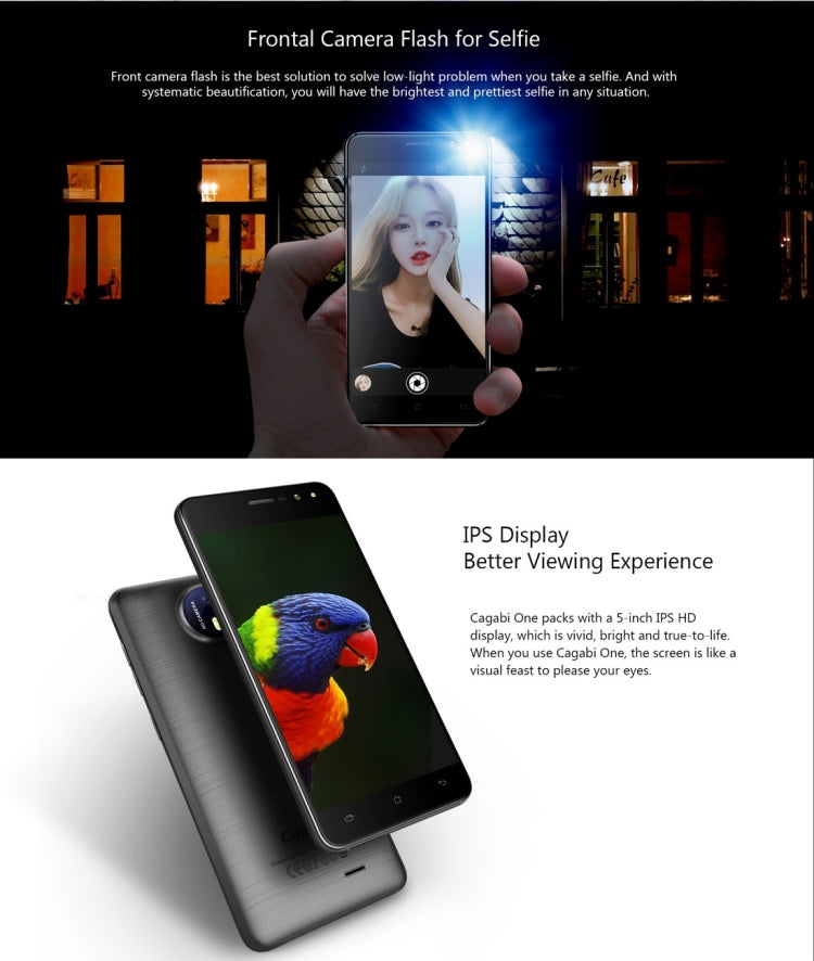 Cagabi ONE, 1GB+8GB, 5.0 inch 2.5D Android 6.0 MTK6580A Quad Core up to 1.3GHz, Network: 3G, OTA, GPS, FM, BT, WiFi