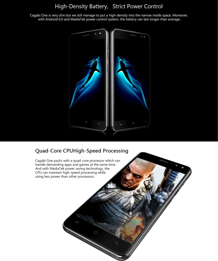 Cagabi ONE, 1GB+8GB, 5.0 inch 2.5D Android 6.0 MTK6580A Quad Core up to 1.3GHz, Network: 3G, OTA, GPS, FM, BT, WiFi