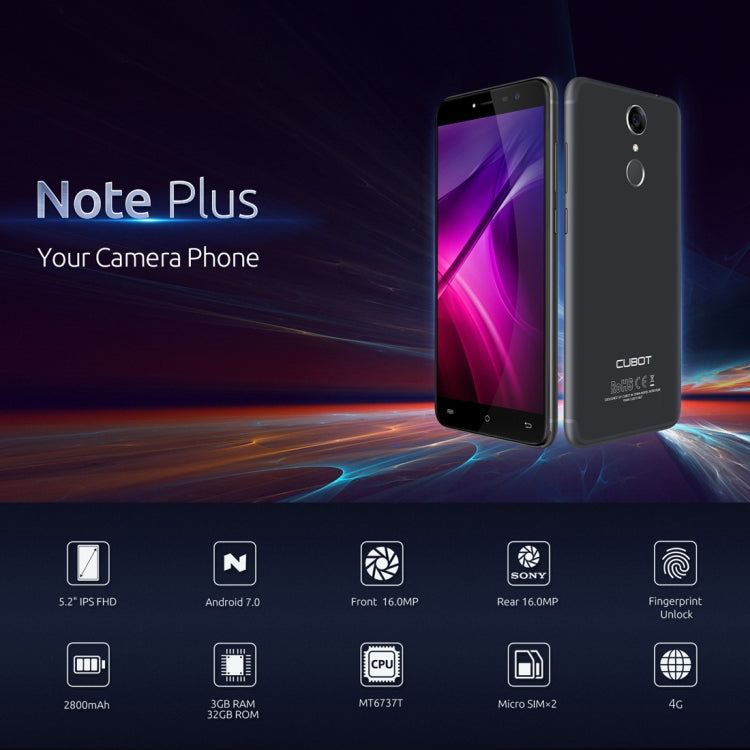 [HK Warehouse] CUBOT Note Plus, 3GB+32GB, Fingerprint Identification, 5.2 inch Android 7.0 MTK6737T Quad-Core up to 1.5GHz, Network: 4G, Dual SIM(Gold)