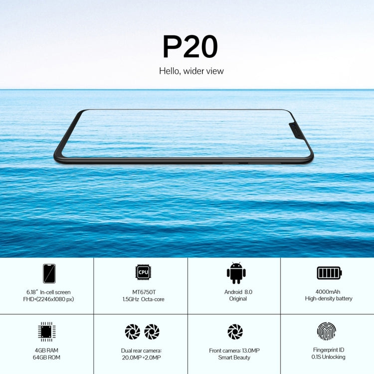 [HK Warehouse] CUBOT P20, 4GB+64GB, Dual Back Cameras, Fingerprint Identification, 6.18 inch Pure Android 8.0 MTK6750T Octa Core up to 1.5GHz, Network: 4G, Dual SIM(Blue)