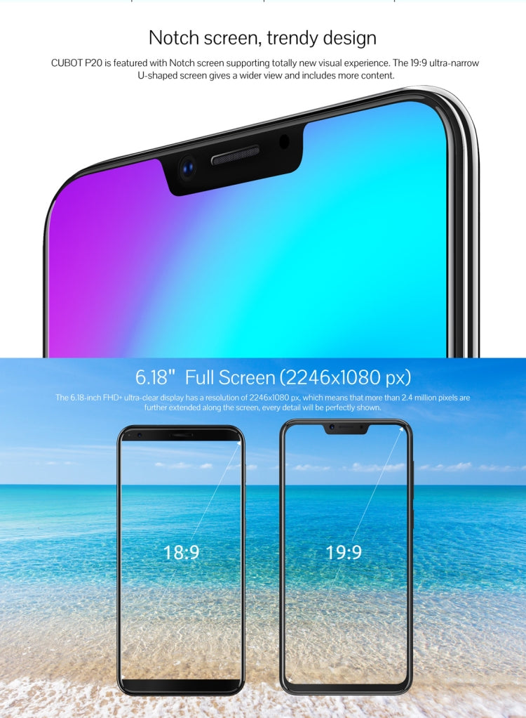 [HK Warehouse] CUBOT P20, 4GB+64GB, Dual Back Cameras, Fingerprint Identification, 6.18 inch Pure Android 8.0 MTK6750T Octa Core up to 1.5GHz, Network: 4G, Dual SIM(Blue)
