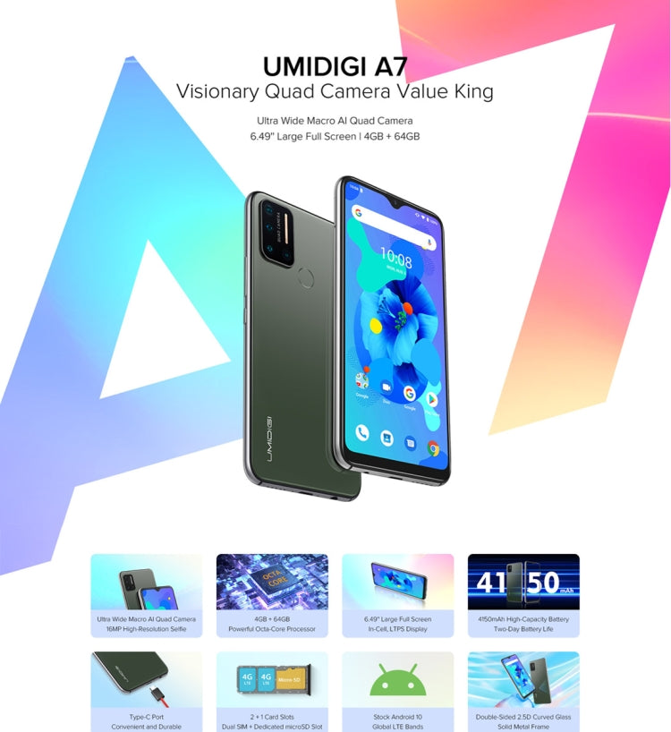 [HK Warehouse] UMIDIGI A7, 4GB+64GB, Quad Back Cameras, 4150mAh Battery, Face ID & Fingerprint Identification, 6.49 inch Android 10 Mediatek Helio P20 Octa Core up to 2.3GHz, Network: 4G, OTG
