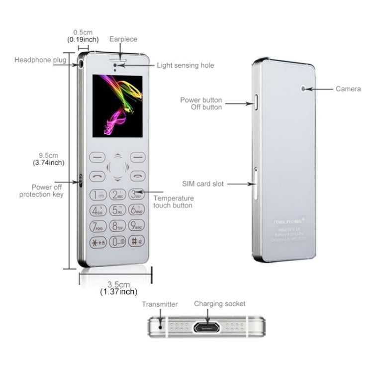 Melrose T1 Card Mobile Phone, 1.54 inch, MTK61D, Support Warm Touch Keyboard, Bluetooth 3.0, FM, IR, Remote Capture, GSM(Silver)