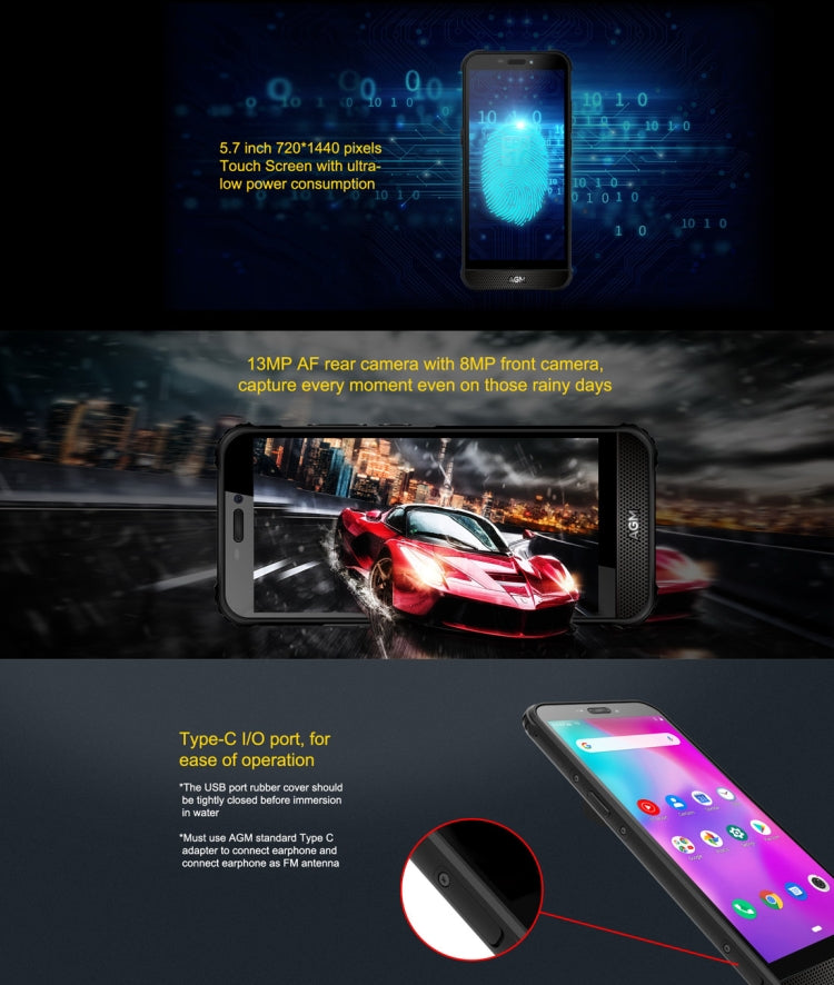 [HK Warehouse] AGM A10 Rugged Phone, 4GB+64GB, IP68 Waterproof Dustproof Shockproof, Fingerprint Identification, 4400mAh Battery, 5.7 inch Android 9.0 Unisoc ums312 (T310) Quad Core up 2.0GHz, Network: 4G, NFC (Black)