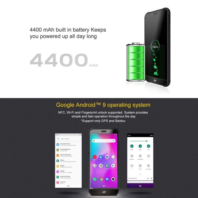 [HK Warehouse] AGM A10 Rugged Phone, 4GB+64GB, IP68 Waterproof Dustproof Shockproof, Fingerprint Identification, 4400mAh Battery, 5.7 inch Android 9.0 Unisoc ums312 (T310) Quad Core up 2.0GHz, Network: 4G, NFC (Black)