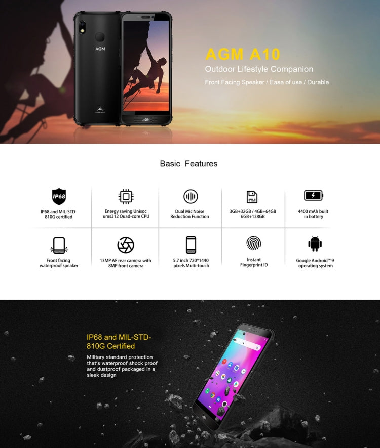 [HK Warehouse] AGM A10 Rugged Phone, 6GB+128GB, IP68 Waterproof Dustproof Shockproof, Fingerprint Identification, 4400mAh Battery, 5.7 inch Android 9.0 Unisoc ums312 (T310) Quad Core up 2.0GHz, Network: 4G, NFC(Black)