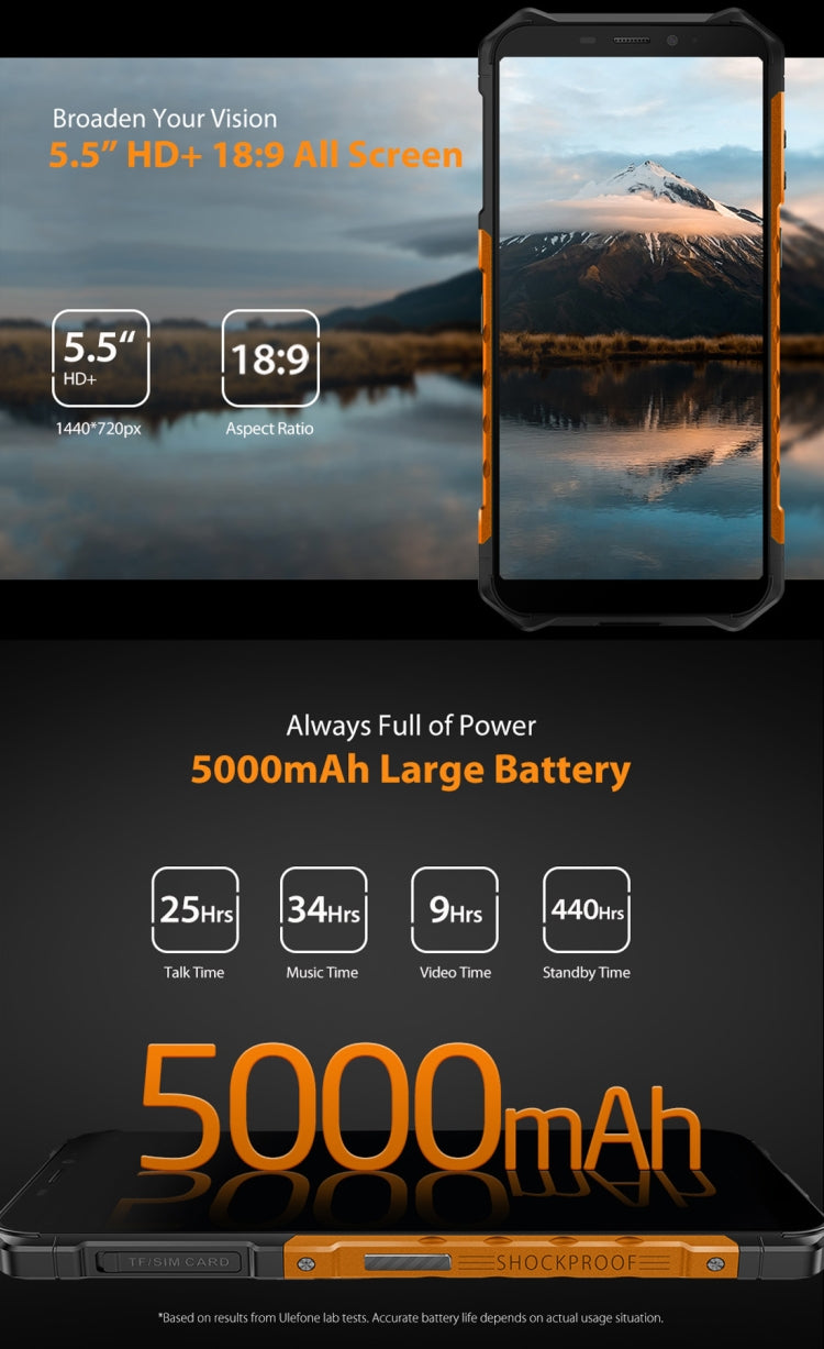 [HK Warehouse] Ulefone Armor X5 Rugged Phone, 3GB+32GB, IP68/IP69K Waterproof Dustproof Shockproof, Dual Back Cameras, Face Identification, 5000mAh Battery, 5.5 inch Android 10.0 MTK6762 Octa Core 64-bit up to 1.8GHz, OTG, NFC, Network: 4G(Orange)