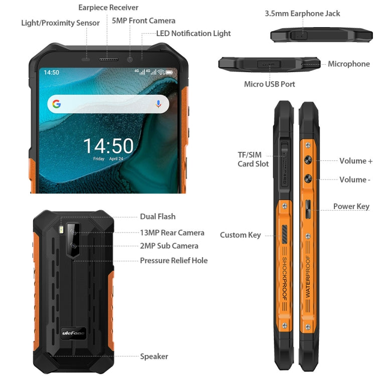 [HK Warehouse] Ulefone Armor X5 Rugged Phone, 3GB+32GB, IP68/IP69K Waterproof Dustproof Shockproof, Dual Back Cameras, Face Identification, 5000mAh Battery, 5.5 inch Android 10.0 MTK6762 Octa Core 64-bit up to 1.8GHz, OTG, NFC, Network: 4G(Orange)
