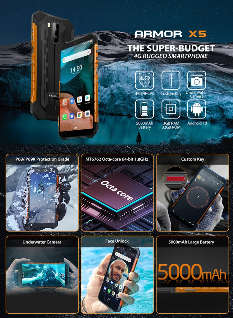 [HK Warehouse] Ulefone Armor X5 Rugged Phone, 3GB+32GB, IP68/IP69K Waterproof Dustproof Shockproof, Dual Back Cameras, Face Identification, 5000mAh Battery, 5.5 inch Android 10.0 MTK6762 Octa Core 64-bit up to 1.8GHz, OTG, NFC, Network: 4G(Orange)