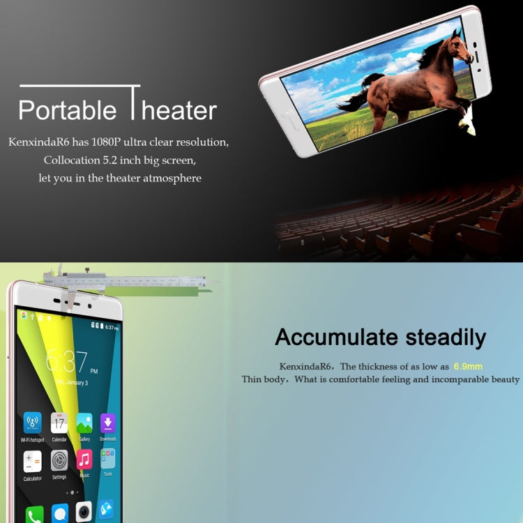 [HK Warehouse] KEN XIN DA R6, 2GB+16GB, Dual SIM, Dual Camera, 6.9mm Ultrathin, 5.2 inch FHD 2.5D Curved Screen, Android 6.0, MTK6753 Octa Core 1.3GHz, Support Bluetooth, GPS, Network: 4G(Champagne Gold)