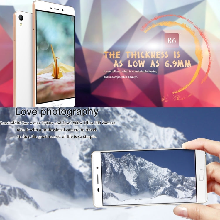 [HK Warehouse] KEN XIN DA R6, 2GB+16GB, Dual SIM, Dual Camera, 6.9mm Ultrathin, 5.2 inch FHD 2.5D Curved Screen, Android 6.0, MTK6753 Octa Core 1.3GHz, Support Bluetooth, GPS, Network: 4G(Champagne Gold)