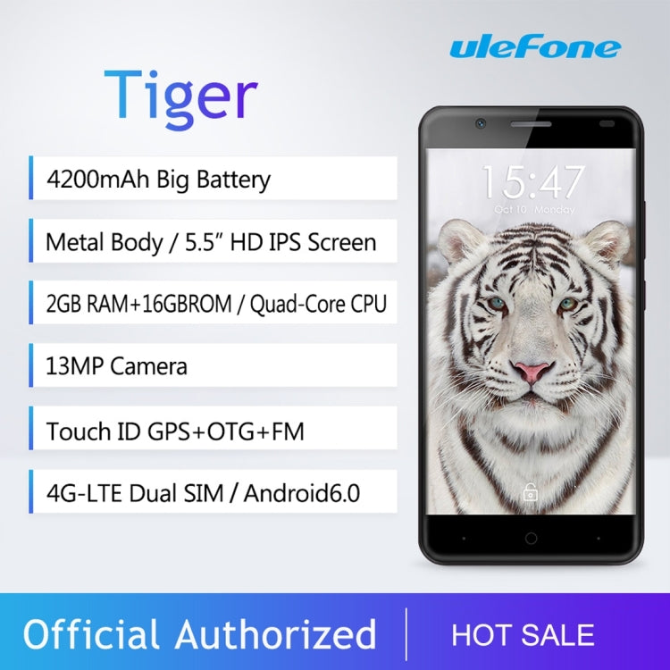 [HK Warehouse] Ulefone Tiger, 2GB+16GB, SONY 4200mAh Big Battery, Back Fingerprint Identification, Brushed Metal Body, 5.5 inch HD Screen, Android 6.0 OS, MT6737 Quad Core 1.3GHz, Support OTG & 128GB TF Card, Network: 4G/3G/2G