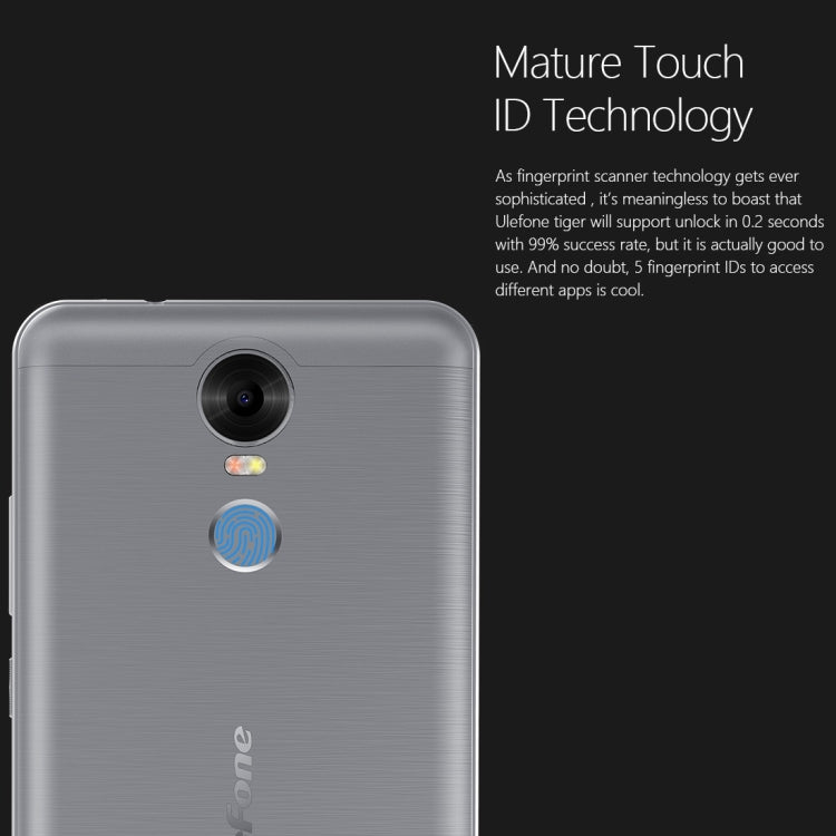 [HK Warehouse] Ulefone Tiger, 2GB+16GB, SONY 4200mAh Big Battery, Back Fingerprint Identification, Brushed Metal Body, 5.5 inch HD Screen, Android 6.0 OS, MT6737 Quad Core 1.3GHz, Support OTG & 128GB TF Card, Network: 4G/3G/2G