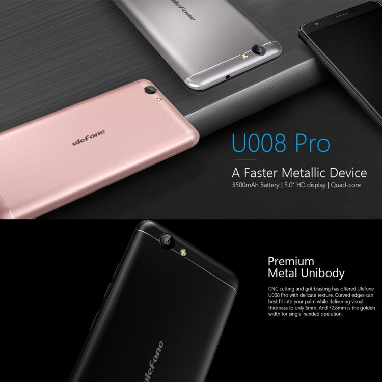 [HK Warehouse] Ulefone U008 Pro, 2GB+16GB, Dual SIM, Dual Camera, 5.0 inch HD Screen, Android 6.0 OS, MT6737 Quad Core 1.3GHz, Support 2.4G WiFi & Bluetooth 4.0 & GPS & FM & 128GB TF Card, Network: 4G/3G/2G(Rose Gold)