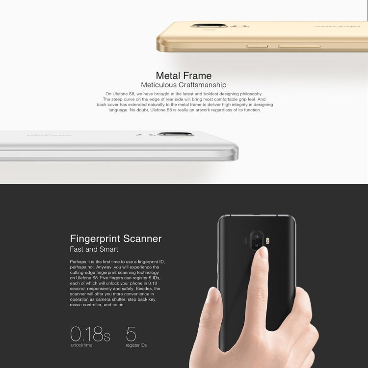 [HK Warehouse] Ulefone S8, 1GB+8GB, Fingerprint Identification, Dual Back Cameras, 5.3 inch Android 7.0 MTK6580 Quad Core up to 1.3GHz,  Network: 3G, Dual SIM(White)