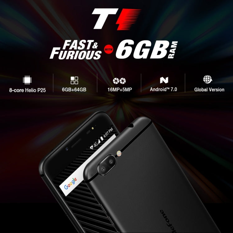 [HK Warehouse] Ulefone T1, 6GB+64GB, Global Version, Front Fingerprint Identification, Dual Back Cameras, 5.5 inch Android 7.0 MTK Helio P25 Octa Core 64-bit up to 2.6GHz, OTG, Network: 4G, Dual SIM