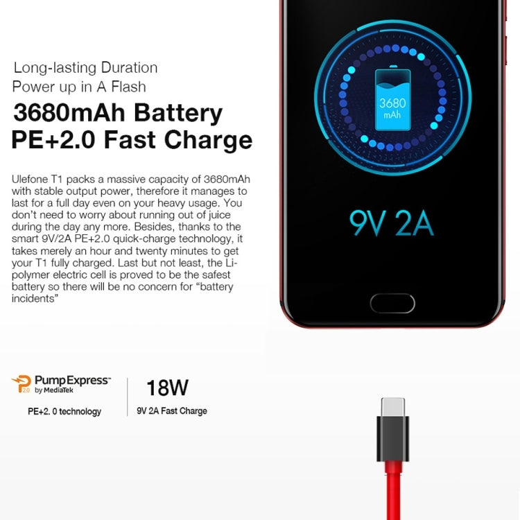 [HK Warehouse] Ulefone T1, 6GB+64GB, Global Version, Front Fingerprint Identification, Dual Back Cameras, 5.5 inch Android 7.0 MTK Helio P25 Octa Core 64-bit up to 2.6GHz, OTG, Network: 4G, Dual SIM