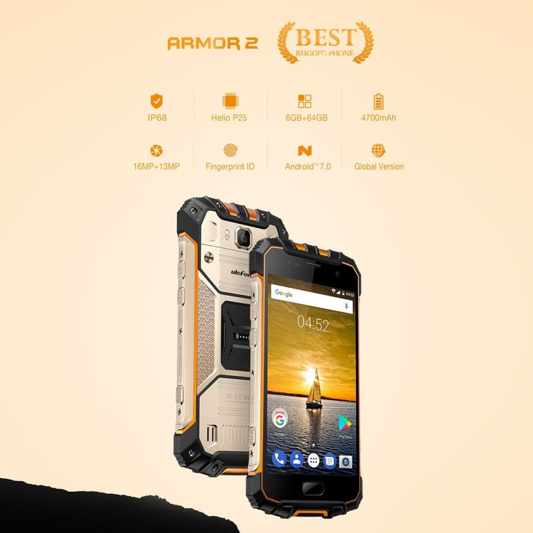 [HK Warehouse] Ulefone Armor 2 Rugged Phone, 6GB+64GB, IP68 Waterproof Dustproof Shockproof, Fingerprint Identification, 5.0 inch Android 7.0 MTK Helio P25 Octa Core 64-bit up to 2.6GHz, Network: 4G, NFC, OTG, Dual SIM