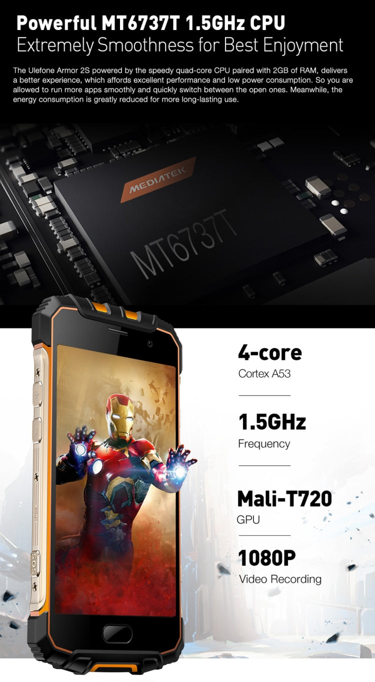 [HK Warehouse] Ulefone Armor 2S Triple Proofing Phone, 2GB+16GB, IP68 Waterproof Dustproof Shockproof, Fingerprint Identification, 5.0 inch Sharp Android 7.0 MTK6737T Quad Core 64-bit up to 1.5GHz, Network: 4G, NFC, OTG, VoLTE
