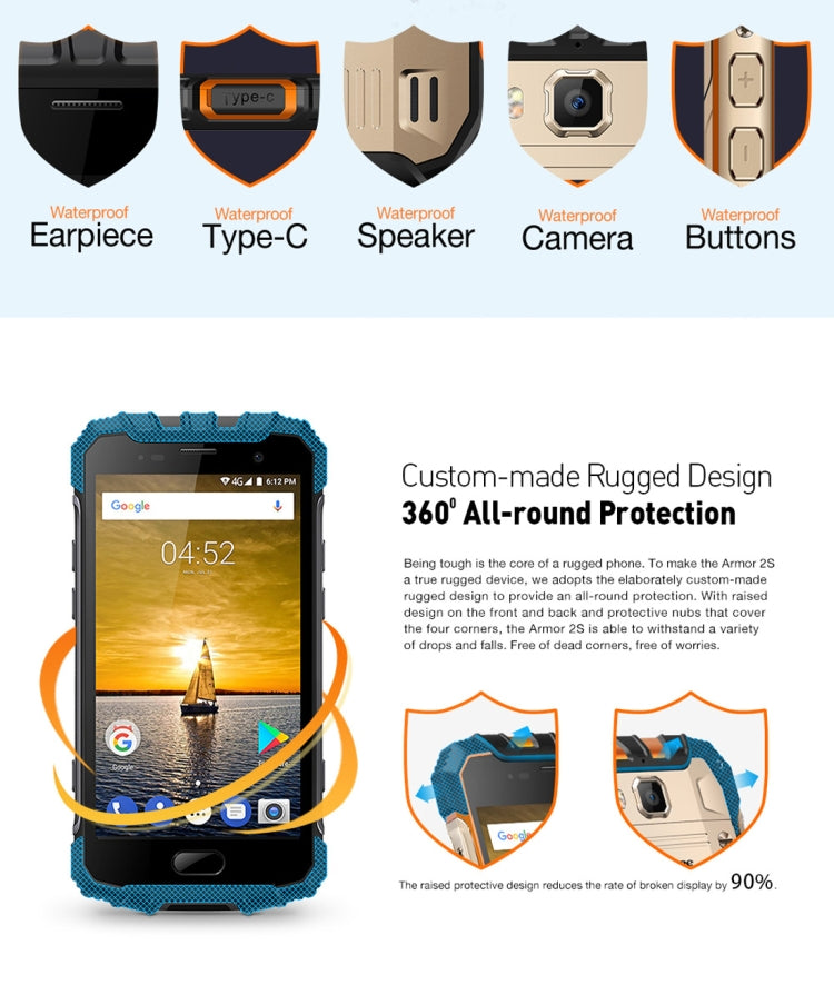[HK Warehouse] Ulefone Armor 2S Triple Proofing Phone, 2GB+16GB, IP68 Waterproof Dustproof Shockproof, Fingerprint Identification, 5.0 inch Sharp Android 7.0 MTK6737T Quad Core 64-bit up to 1.5GHz, Network: 4G, NFC, OTG, VoLTE