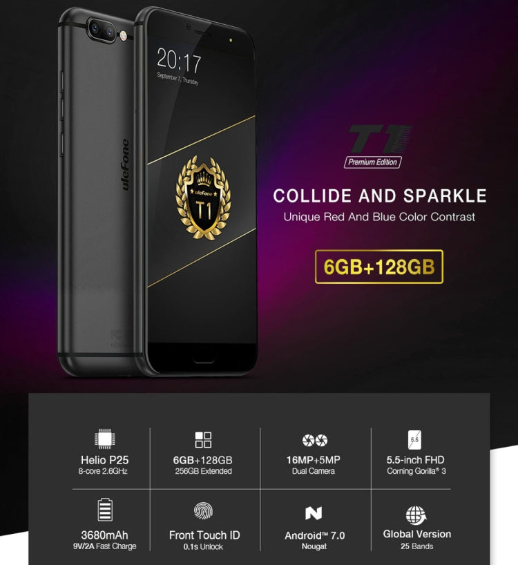 [HK Warehouse] Ulefone T1, 6GB+128GB, Front Fingerprint Identification, Dual Back Cameras, 5.5 inch Android 7.0 MTK Helio P25 Octa Core 64-bit up to 2.6GHz, OTG, Network: 4G, Dual SIM