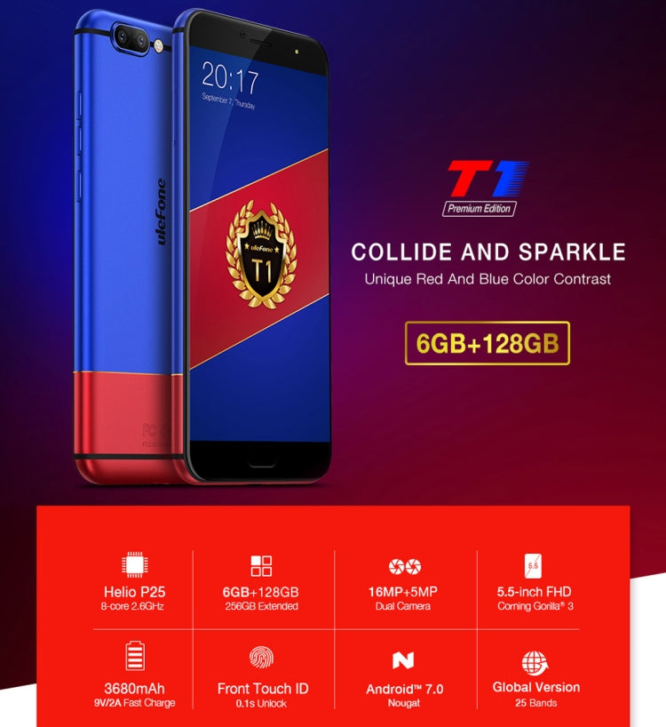 [HK Warehouse] Ulefone T1, 6GB+128GB, Front Fingerprint Identification, Dual Back Cameras, 5.5 inch Android 7.0 MTK Helio P25 Octa Core 64-bit up to 2.6GHz, OTG, Network: 4G, Dual SIM