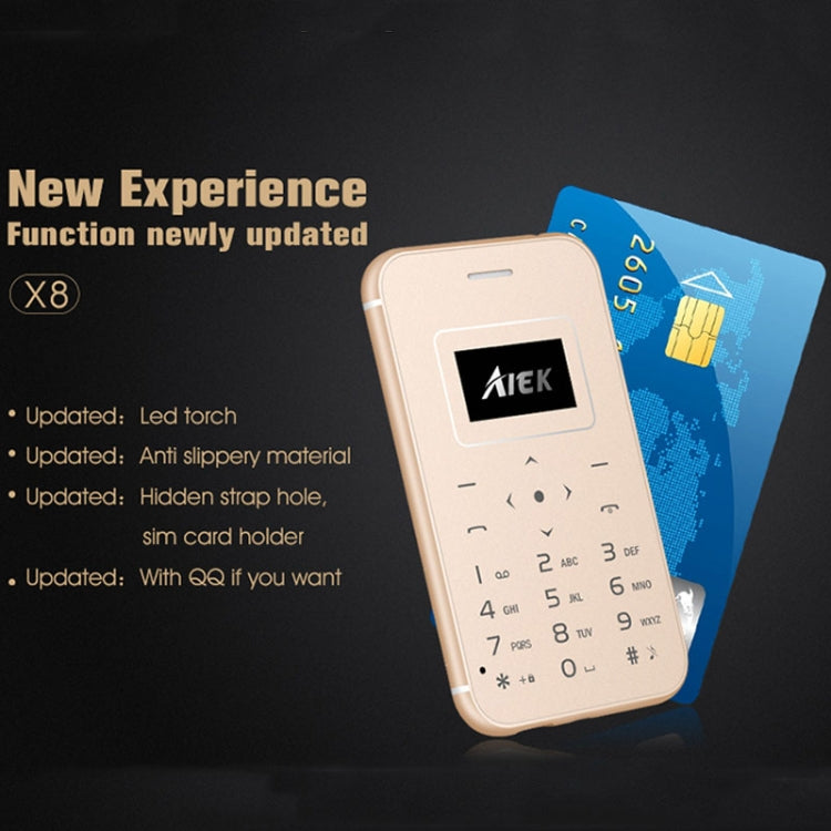 AIEK X8 Card Mobile Phone, 0.96 inch Screen, MT6261M, 21 Keys, MP3, LED Torch, FM, Bluetooth, GSM