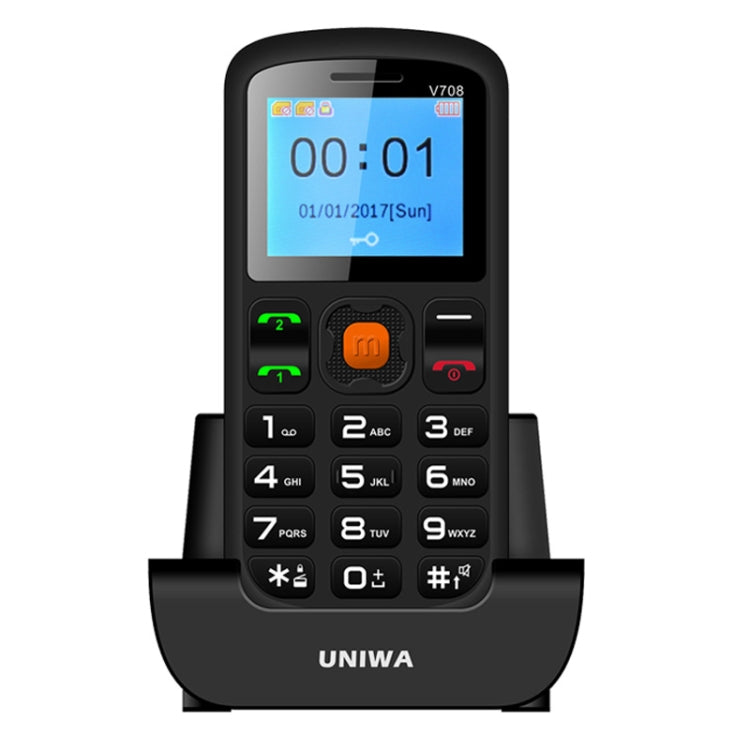 UNIWA V708 Feature Phone, 1.77 inch, SC6531DA, SOS, Bluetooth, FM, Flashlight, Dual SIM, with Charing Cradle