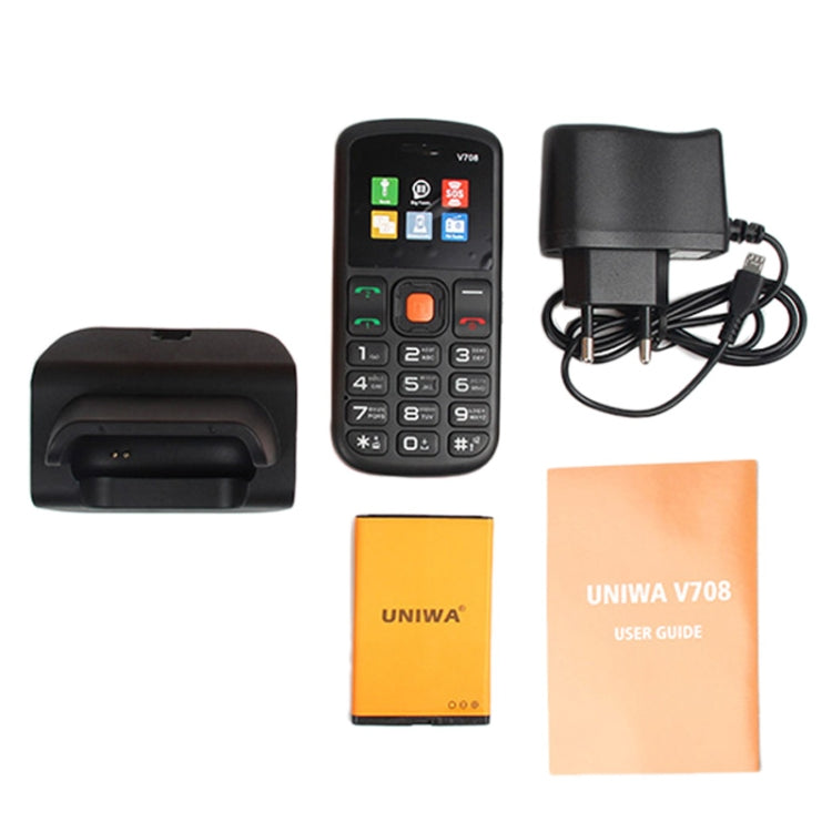 UNIWA V708 Feature Phone, 1.77 inch, SC6531DA, SOS, Bluetooth, FM, Flashlight, Dual SIM, with Charing Cradle