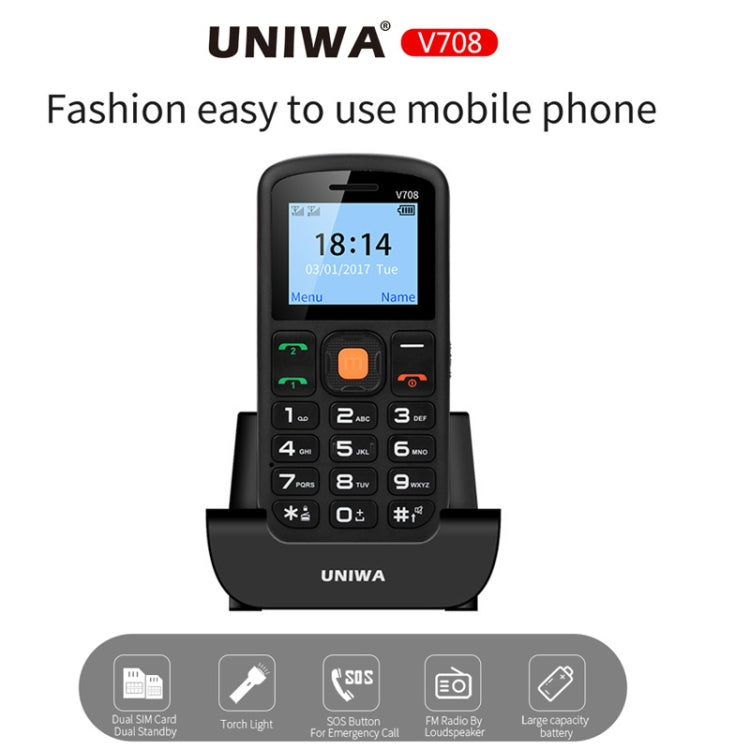 UNIWA V708 Feature Phone, 1.77 inch, SC6531DA, SOS, Bluetooth, FM, Flashlight, Dual SIM, with Charing Cradle
