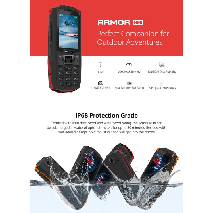 [HK Warehouse] Ulefone Armor Mini IP68 Waterproof Mobile Phone, 2.4 inch Screen, MTK MT6261D, Bluetooth, FM, Flashlight, Dual SIM, Network: 2G(Black)