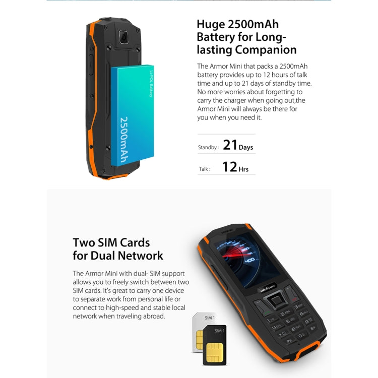 [HK Warehouse] Ulefone Armor Mini IP68 Waterproof Mobile Phone, 2.4 inch Screen, MTK MT6261D, Bluetooth, FM, Flashlight, Dual SIM, Network: 2G(Black)