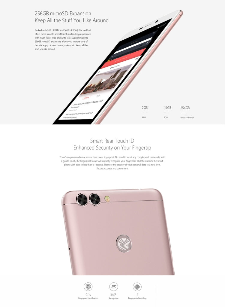 [HK Warehouse] BLUBOO Dual, 2GB+16GB, Dual Rear Cameras, Fingerprint Identification, 5.5 inch Android 6.0 MTK6737T Quad Core up to 1.5GHz, Network: 4G, OTG, WiFi, BT, GPS, Dual SIM(Gold)