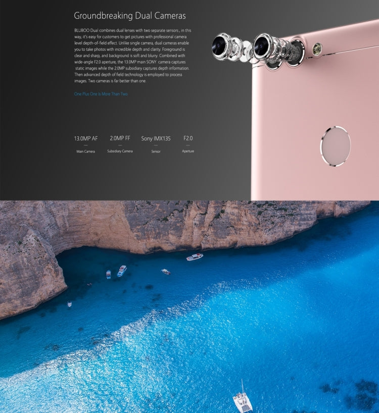 [HK Warehouse] BLUBOO Dual, 2GB+16GB, Dual Rear Cameras, Fingerprint Identification, 5.5 inch Android 6.0 MTK6737T Quad Core up to 1.5GHz, Network: 4G, OTG, WiFi, BT, GPS, Dual SIM(Gold)
