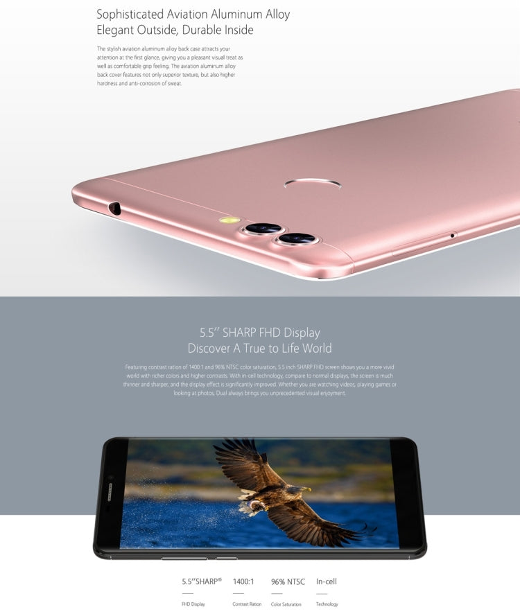 [HK Warehouse] BLUBOO Dual, 2GB+16GB, Dual Rear Cameras, Fingerprint Identification, 5.5 inch Android 6.0 MTK6737T Quad Core up to 1.5GHz, Network: 4G, OTG, WiFi, BT, GPS, Dual SIM(Gold)