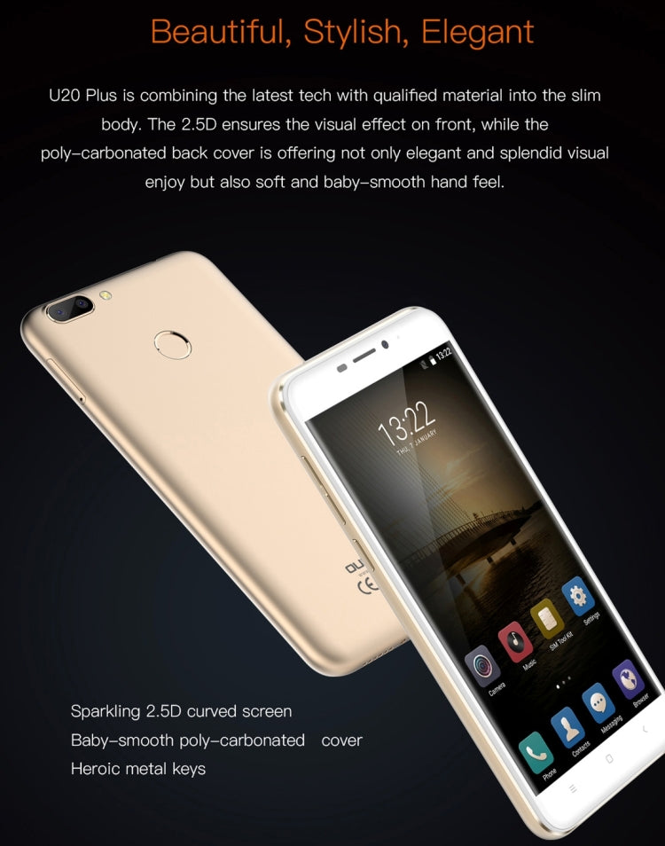 [HK Warehouse] OUKITEL U20 Plus, 2GB+16GB, Dual Rear Cameras, Press Fingerprint Identification, 5.5 inch 2.5D Curved Sharp Screen Android 6.0 MTK6737T Quad Core up to 1.5GHz, Network: 4G, Dual SIM