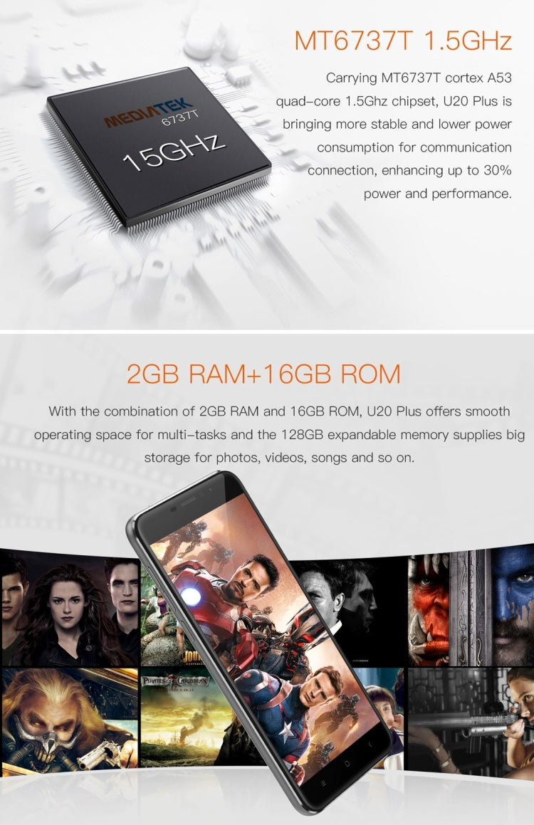 [HK Warehouse] OUKITEL U20 Plus, 2GB+16GB, Dual Rear Cameras, Press Fingerprint Identification, 5.5 inch 2.5D Curved Sharp Screen Android 6.0 MTK6737T Quad Core up to 1.5GHz, Network: 4G, Dual SIM