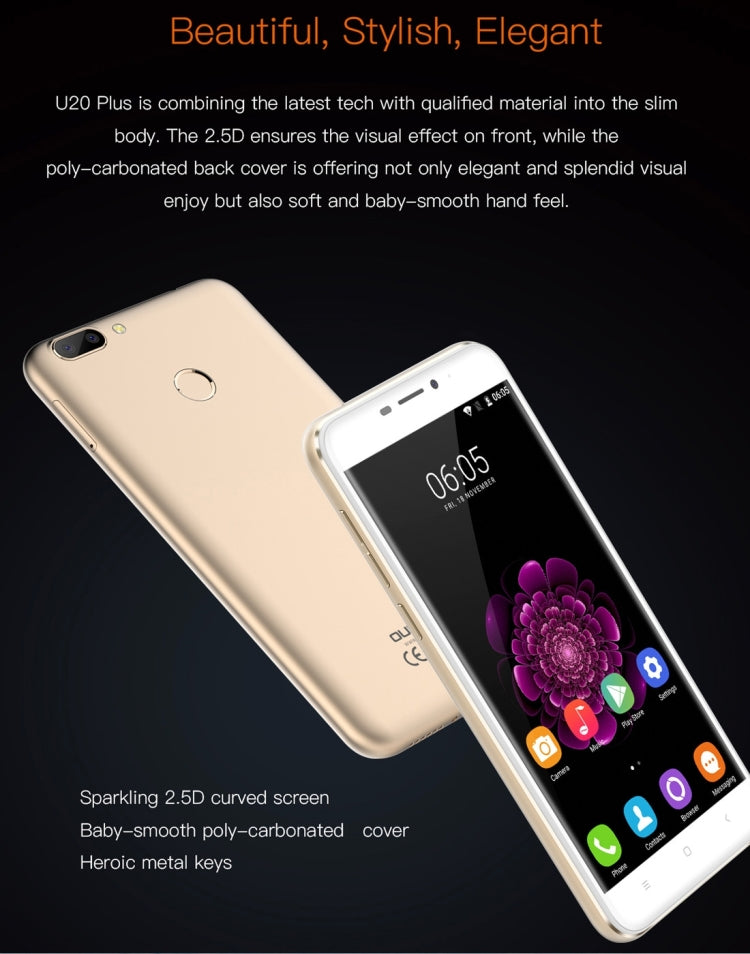 [HK Warehouse] OUKITEL U20 Plus, 2GB+16GB, Dual Rear Cameras, Press Fingerprint Identification, 5.5 inch 2.5D Curved Sharp Screen Android 6.0 MTK6737T Quad Core up to 1.5GHz, Network: 4G, Dual SIM