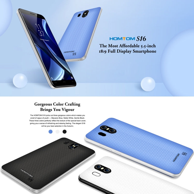 [HK Warehouse] HOMTOM S16, 2GB+16GB, Dual Back Cameras, Fingerprint Identification, 5.5 inch Android 7.0 MTK6580 Quad Core up to 1.3GHz, Network: 3G, Dual SIM, OTA(White)