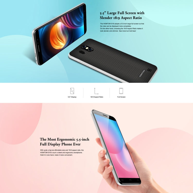 [HK Warehouse] HOMTOM S16, 2GB+16GB, Dual Back Cameras, Fingerprint Identification, 5.5 inch Android 7.0 MTK6580 Quad Core up to 1.3GHz, Network: 3G, Dual SIM, OTA(White)