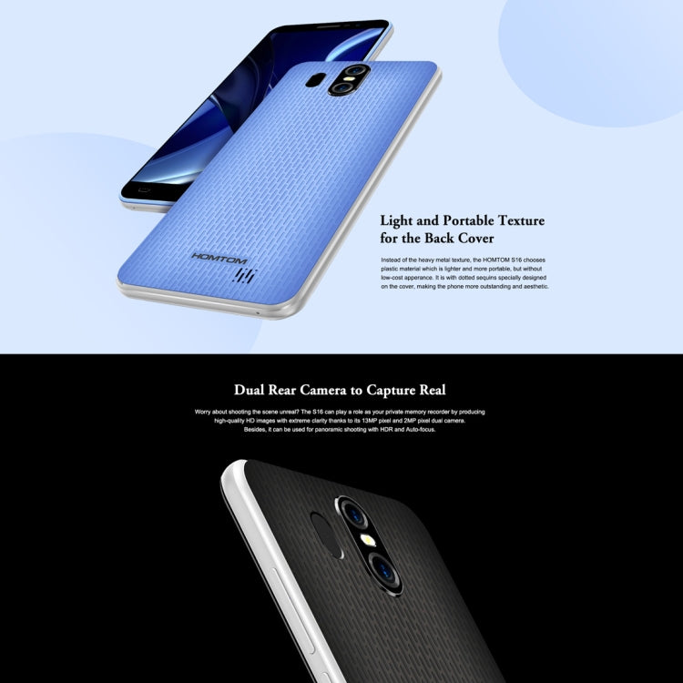 [HK Warehouse] HOMTOM S16, 2GB+16GB, Dual Back Cameras, Fingerprint Identification, 5.5 inch Android 7.0 MTK6580 Quad Core up to 1.3GHz, Network: 3G, Dual SIM, OTA(White)