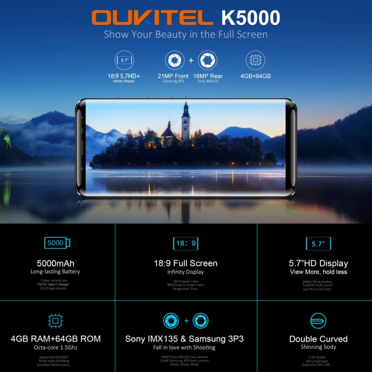 [HK Warehouse] OUKITEL K5000, 4GB+64GB, 21.0MP Front Camera, 5000mAh Battery, Fingerprint Identification, 5.7 inch 2.5D Android 7.0 MTK6750T Octa Core up to 1.5GHz, Network: 4G, Dual SIM, OTG(Black)