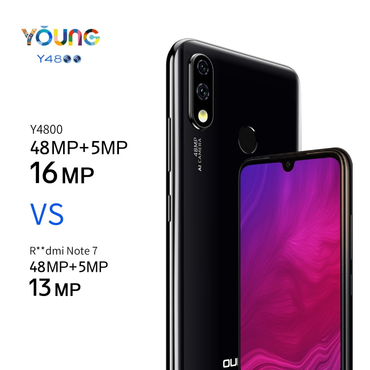 [HK Warehouse] OUKITEL Y4800, 48MP Camera, 6GB+128GB, Dual AI Back Cameras, Fingerprint Identification, 4000mAh Battery, 6.3 inch Water-drop Screen Android 9.0 MTK Helio P70 Octa Core up to 2.0GHz, Network: 4G, Dual SIM, OTG(Black)