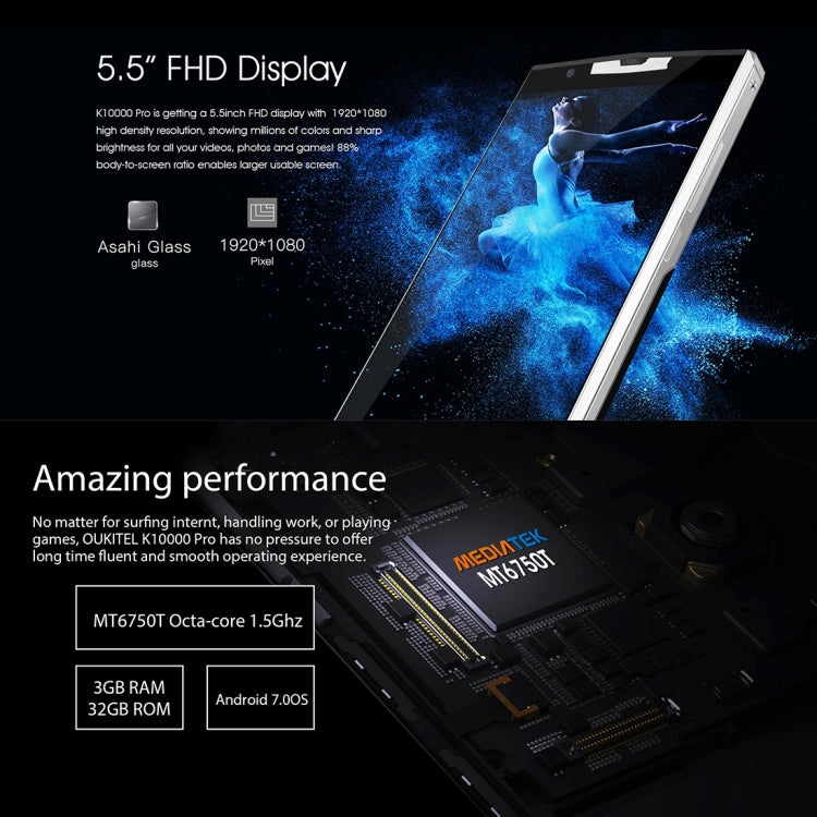 [HK Warehouse] OUKITEL K10000 Pro, 3GB+32GB, Press Fingerprint Identification, 10000mAh Battery, 5.5 inch Android 7.0 MTK6750T Octa Core up to 1.5GHz, Network: 4G, OTG, FOTA, GPS, FM
