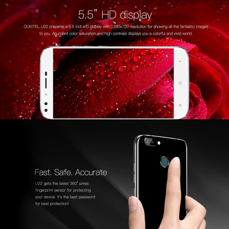 [HK Warehouse] OUKITEL U22, 2GB+16GB, Dual Rear Cameras + Dual Front Cameras,  Fingerprint Identification, 5.5 inch  Android 7.0 MTK6850A Quad Core up to 1.3GHz, Network: 3G, Dual SIM