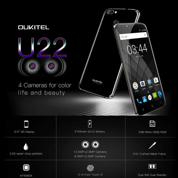 [HK Warehouse] OUKITEL U22, 2GB+16GB, Dual Rear Cameras + Dual Front Cameras,  Fingerprint Identification, 5.5 inch  Android 7.0 MTK6850A Quad Core up to 1.3GHz, Network: 3G, Dual SIM